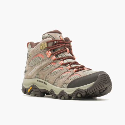 Merrell Women's Moab 3 Mid Waterproof hiking boot featuring a waterproof suede and mesh upper, Vibram® traction outsole, cushioned midsole, and protective toe cap.