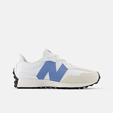 New Balance Kid's 327 sneaker with a retro suede and mesh upper, oversized N logo, cushioned midsole, and trail-inspired rubber outsole for traction.