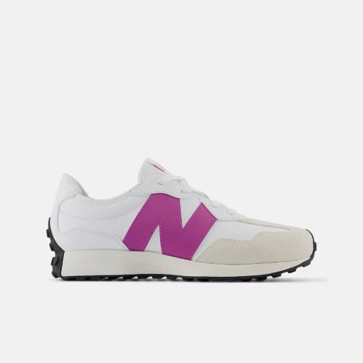 New Balance Kid's 327 sneaker with a retro suede and mesh upper, oversized N logo, cushioned midsole, and trail-inspired rubber outsole for traction.