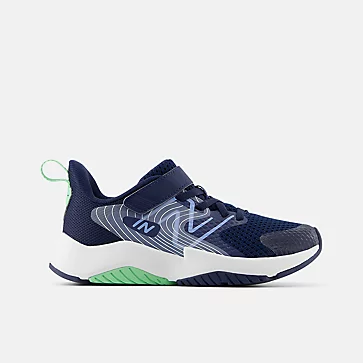 New Balance Kid’s Rave Run v2 with Top Strap – breathable mesh sneaker with cushioned EVA midsole, durable rubber outsole, bungee laces, and a secure top strap.