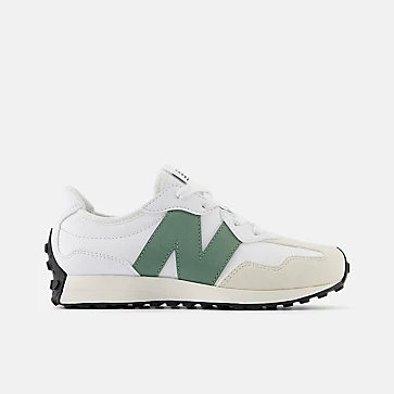 New Balance Little Kid's 327 sneaker featuring a suede and mesh upper, cushioned midsole, lace-up closure, and durable rubber outsole for traction and comfort.