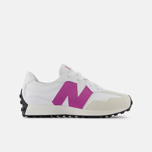 New Balance Little Kid's 327 sneaker featuring a suede and mesh upper, cushioned midsole, lace-up closure, and durable rubber outsole for traction and comfort.