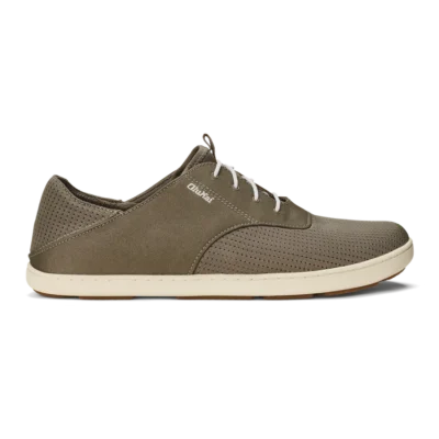 Olukai Men’s Nohea Moku Boat Shoe in clay tapa color, featuring breathable mesh, Drop-In Heel®, quick-dry technology, and a wet-grip rubber outsole for traction.