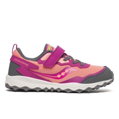 Saucony Kid’s Peregrine KDZ A/C Sneaker with a breathable mesh upper, cushioned EVA midsole, memory foam footbed, reinforced toe cap, and grippy rubber outsole.