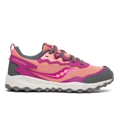 Saucony Kid’s Peregrine KDZ Sneaker with a breathable mesh upper, cushioned EVA foam midsole, durable reinforced toe cap, and grippy rubber outsole.