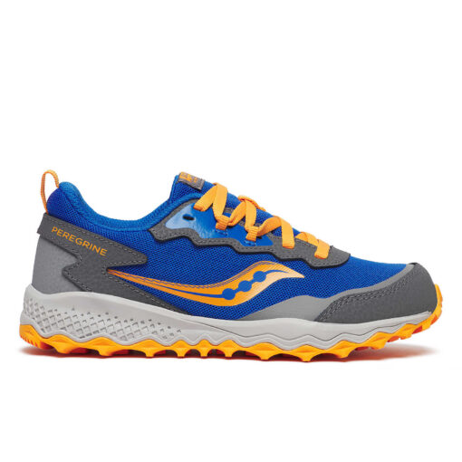 Saucony Kid’s Peregrine KDZ Sneaker with a breathable mesh upper, cushioned EVA foam midsole, durable reinforced toe cap, and grippy rubber outsole.