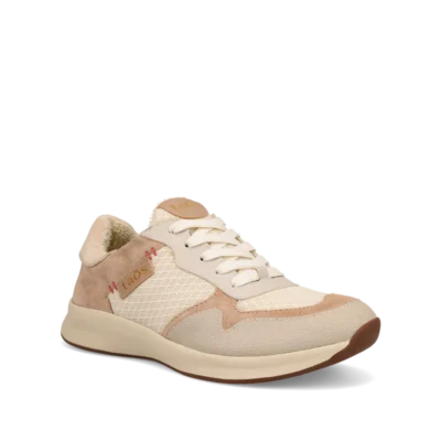 Taos Women's Detour Sneaker featuring a leather upper, cushioned removable footbed, lace-up closure, and a durable rubber outsole for everyday wear.