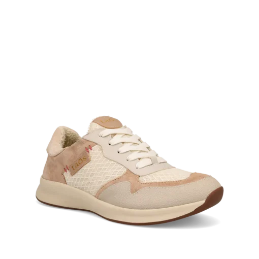 Taos Women's Detour Sneaker featuring a leather upper, cushioned removable footbed, lace-up closure, and a durable rubber outsole for everyday wear.