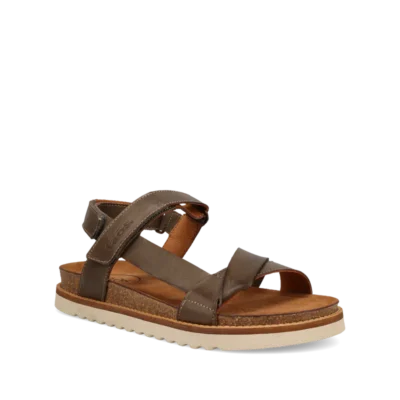 Taos Women's Sideways Sandal with leather upper, contoured footbed, and adjustable straps, offering stylish comfort and arch support for all-day wear.