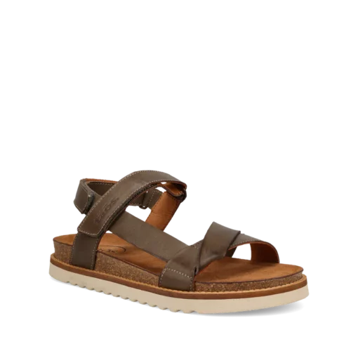 Taos Women's Sideways Sandal with leather upper, contoured footbed, and adjustable straps, offering stylish comfort and arch support for all-day wear.