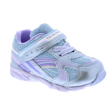 Tsukihoshi Baby Glitz sneaker with lightweight flexible sole, breathable mesh upper, wide toe box, Velcro closure, and rubber outsole for early walkers.