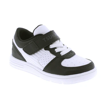 Tsukihoshi Kid’s Court sneaker with lightweight shock-absorbing sole, breathable mesh upper, wide toe box, Velcro closure, and non-marking rubber outsole.