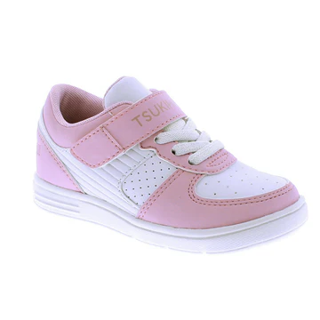 Tsukihoshi Kid’s Court sneaker with lightweight shock-absorbing sole, breathable mesh upper, wide toe box, Velcro closure, and non-marking rubber outsole.