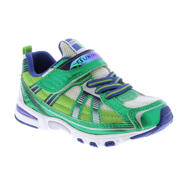 Tsukihoshi Kid’s Storm sneaker with lightweight flexible sole, breathable mesh upper, wide toe box, Velcro closure, and non-slip rubber outsole for active kids.