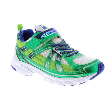 Tsukihoshi Youth Storm sneaker with lightweight shock-absorbing sole, breathable mesh upper, wide toe box, Velcro closure, and non-marking rubber outsole.