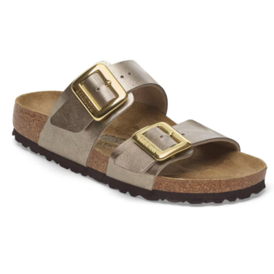 Birkenstock Sydney Luxe Buckle Sandal with Birko-Flor® straps, oversized adjustable buckles, a contoured cork footbed, and a lightweight EVA outsole.