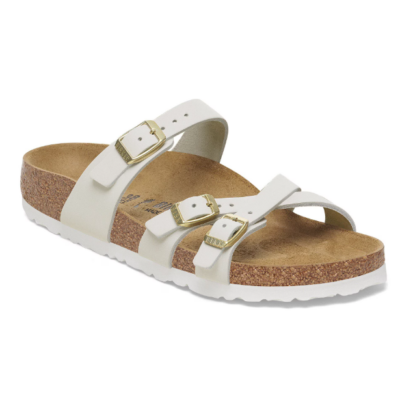 Birkenstock Franca Sandal with crisscross nubuck leather straps, a contoured cork-latex footbed, adjustable metal buckles, and a lightweight EVA outsole.