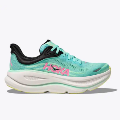 Hoka Women's Bondi 9 running shoe featuring a lightweight breathable mesh upper, EVA midsole, and durable rubber outsole for all-day comfort and support.