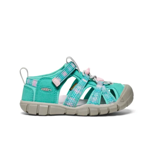 Keen Little Kid's Seacamp II CNX Sandal with secure bungee lace, adjustable hook-and-loop strap, protective toe cap, and non-marking rubber outsole for traction.