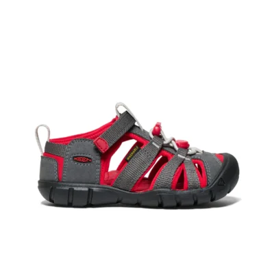 Keen Little Kid's Seacamp II CNX Sandal with secure bungee lace, adjustable hook-and-loop strap, protective toe cap, and non-marking rubber outsole for traction.