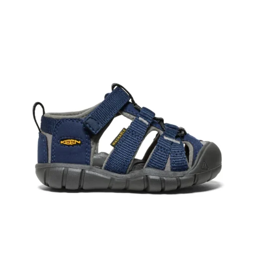 Keen Toddler Seacamp II CNX Sandal with secure bungee lace, adjustable hook-and-loop strap, protective toe cap, and non-marking rubber outsole for traction.