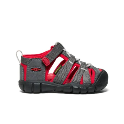 Keen Toddler Seacamp II CNX Sandal with secure bungee lace, adjustable hook-and-loop strap, protective toe cap, and non-marking rubber outsole for traction.