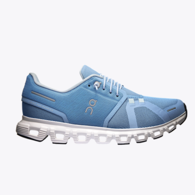 On Women's Cloud 6 sneaker with CloudTec® cushioning, breathable mesh upper, quick-tie elastic laces, and a high-traction rubber outsole for all-day comfort.