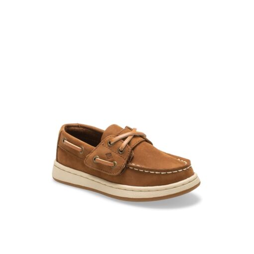 Sperry Little Kid’s Sperry Cup II Jr. Boat Shoe with leather upper, moc-toe stitching, memory foam footbed, hook-and-loop strap, and non-marking outsole.