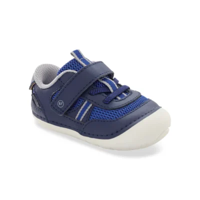 Stride Rite Kid's Soft Motion Apollo Sneaker with flexible sole, memory foam footbed, breathable upper, rounded edges, and hook-and-loop closure for toddlers.