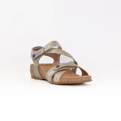 Taos Women's Trulie Sandal with woven leather upper, arch support footbed, and adjustable hook-and-loop closures for comfort and stability.