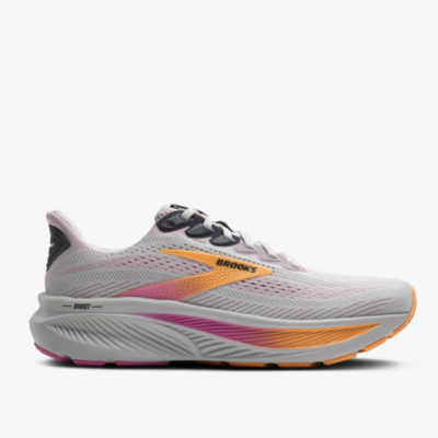 Side view of Brooks Women's Ghost 17 Running Shoe with breathable mesh upper, cushioned midsole, and rubber outsole designed for smooth road running.